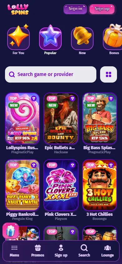Lolly Spins Casino games area on a mobile phone