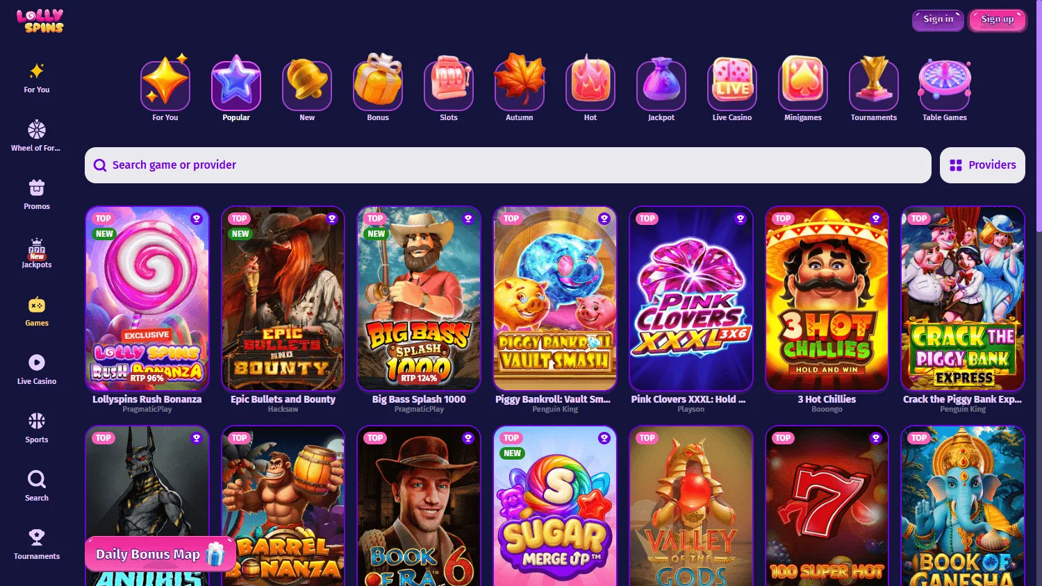 Lolly Spins Casino games area on a desktop computer