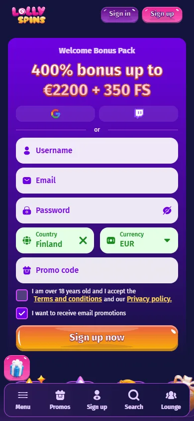 Lolly Spins Casino home page on a mobile phone