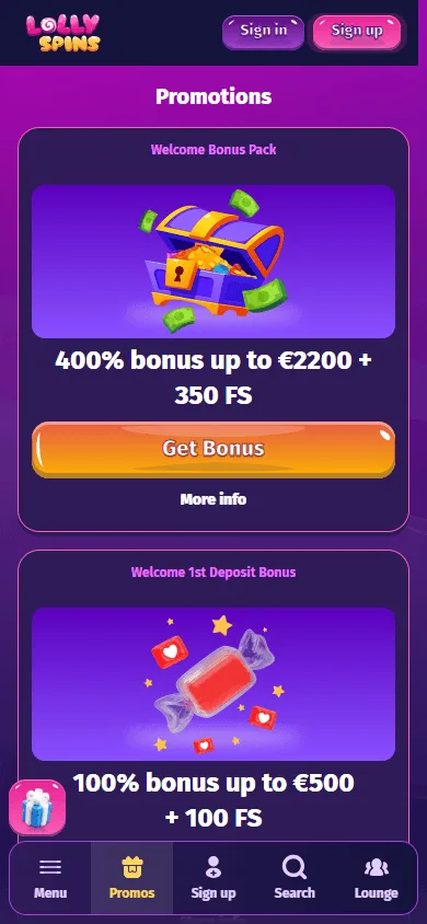 Lolly Spins Casino promotions area on a mobile phone