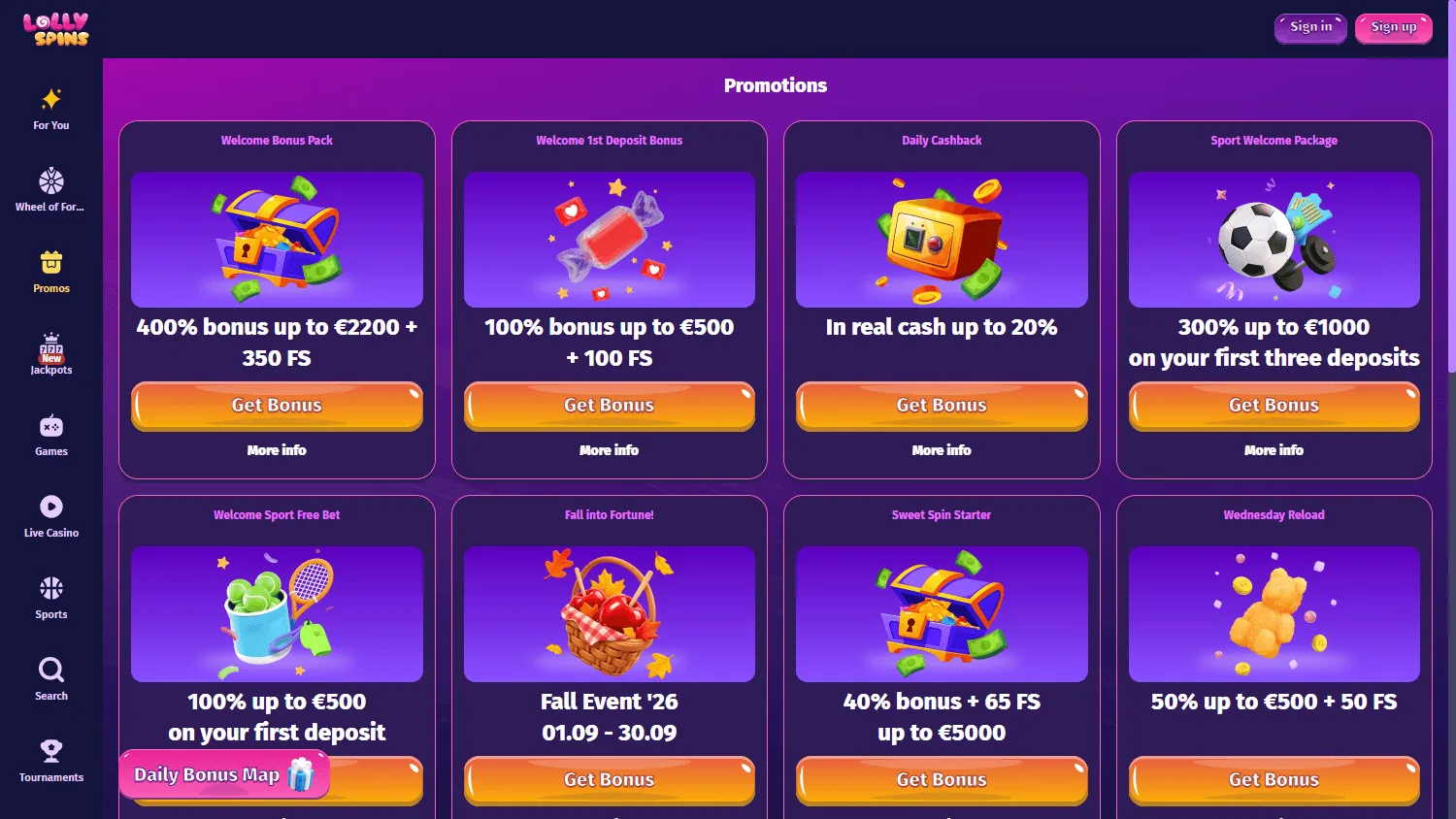 Lolly Spins Casino promotions area on a desktop computer